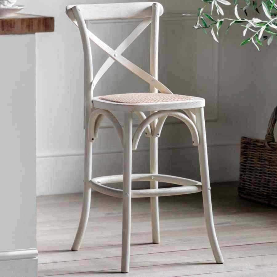 Two Cross Back Weathered White Counter Stools - The Farthing