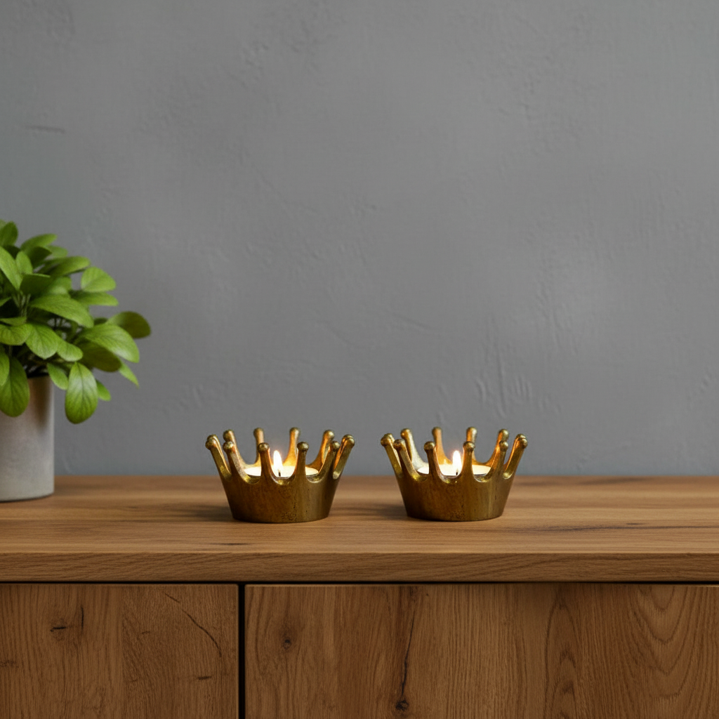 Two gold crown-shaped candle holders on a wooden surface with a plant in the background.