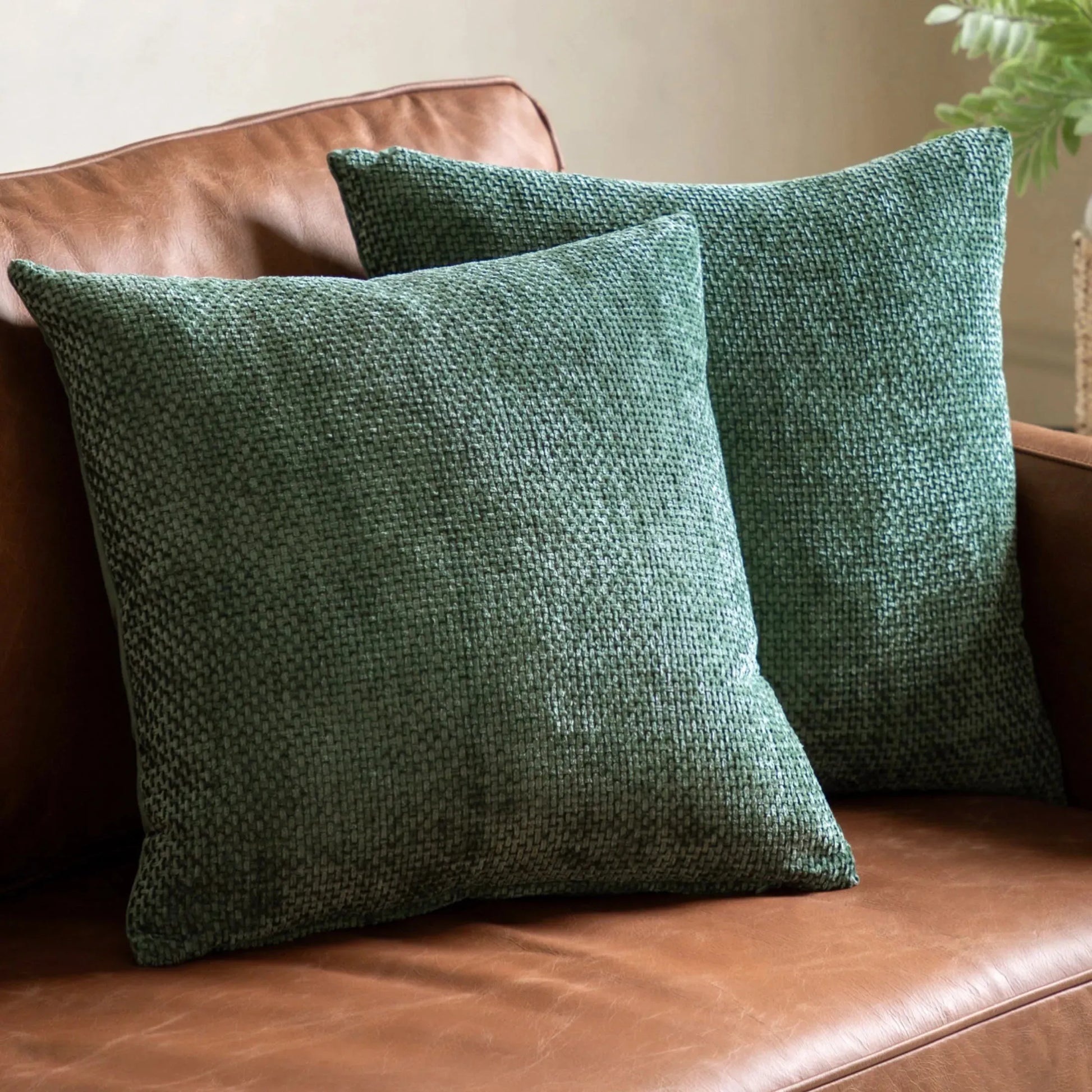 Two Green Chenille Weave Pattern Cushions - The Farthing