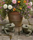 Two frog statues in front of a potted plant with flowers on a stone surface.