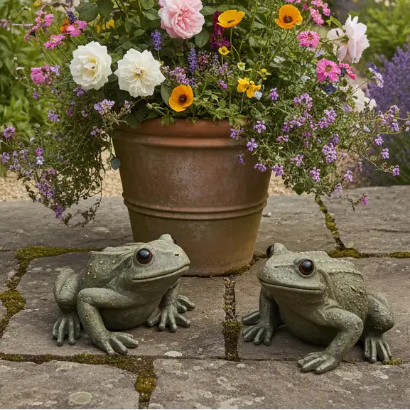 Two frog statues in front of a potted plant with flowers on a stone surface.