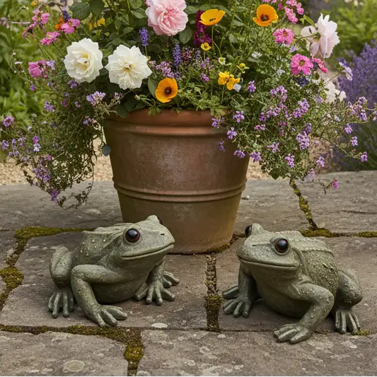 Two frog statues in front of a potted plant with flowers on a stone surface.