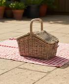 Wicker picnic basket on a red and white checkered cloth with potted plants in the background
