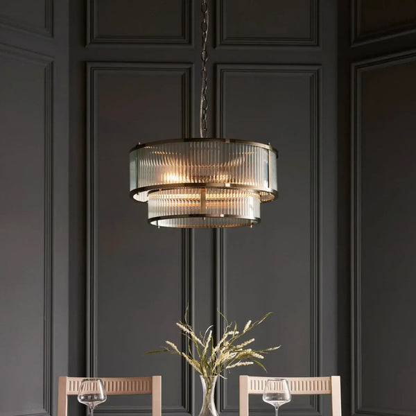 Two Tier Round Ribbed Glass & Antique Brass Pendant Light | Farthing