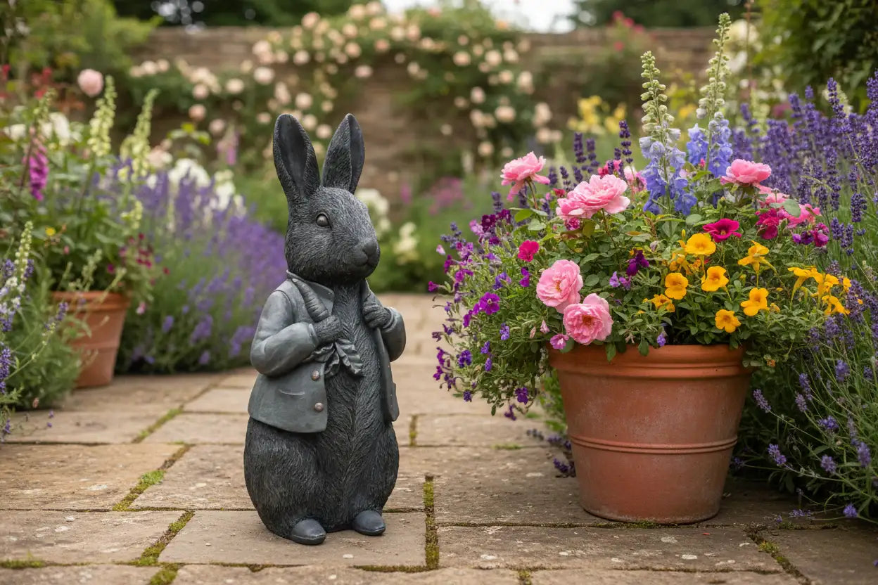 Decorative rabbit statue in a garden setting with flowers and plants.