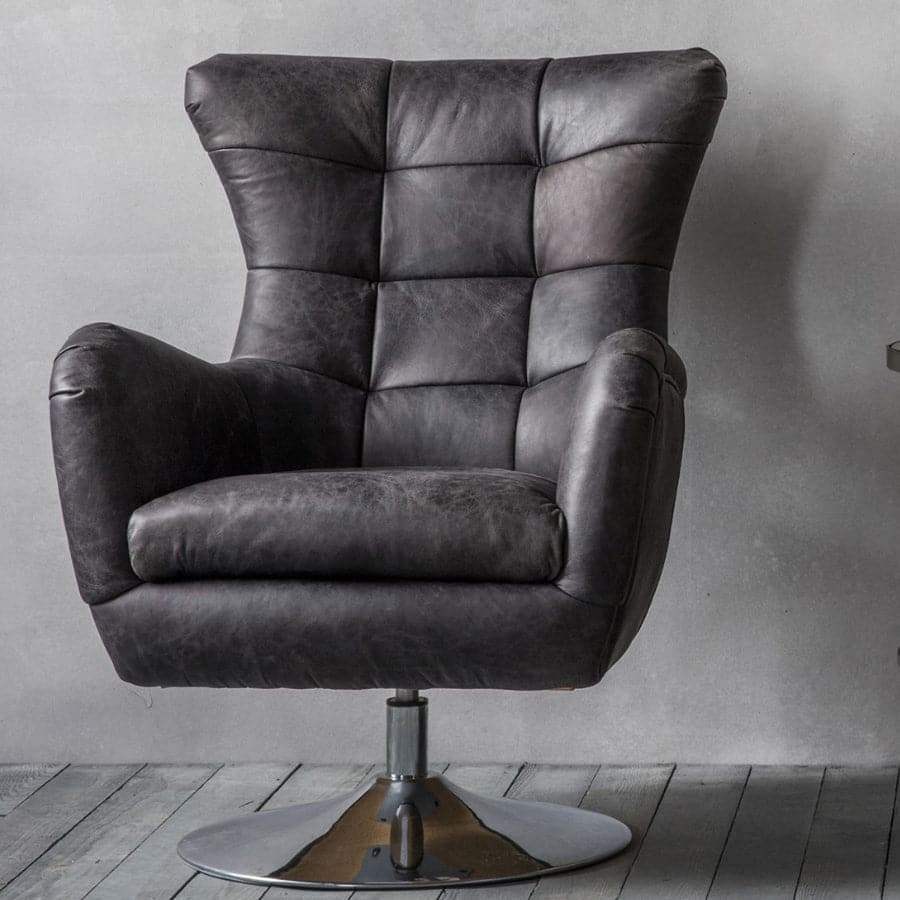 Vintage Black Leather Swivel Chair - The Farthing