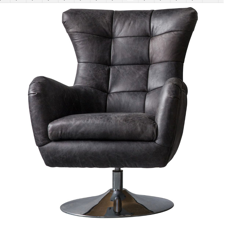 Vintage Black Leather Swivel Chair - The Farthing