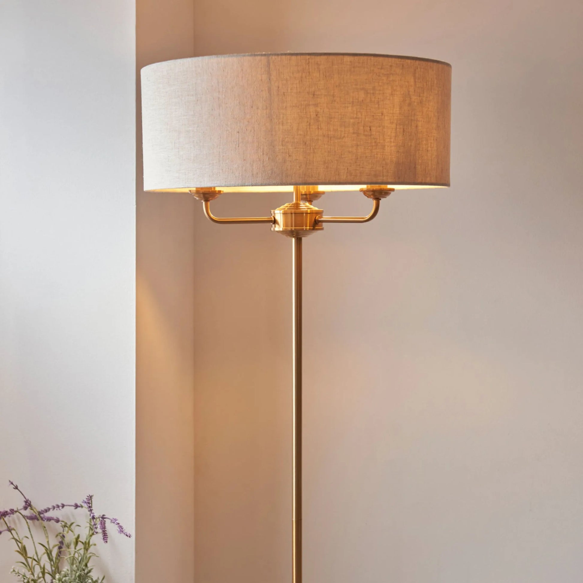 Vintage Brass Floor Lamp with Fabric Shade - The Farthing
