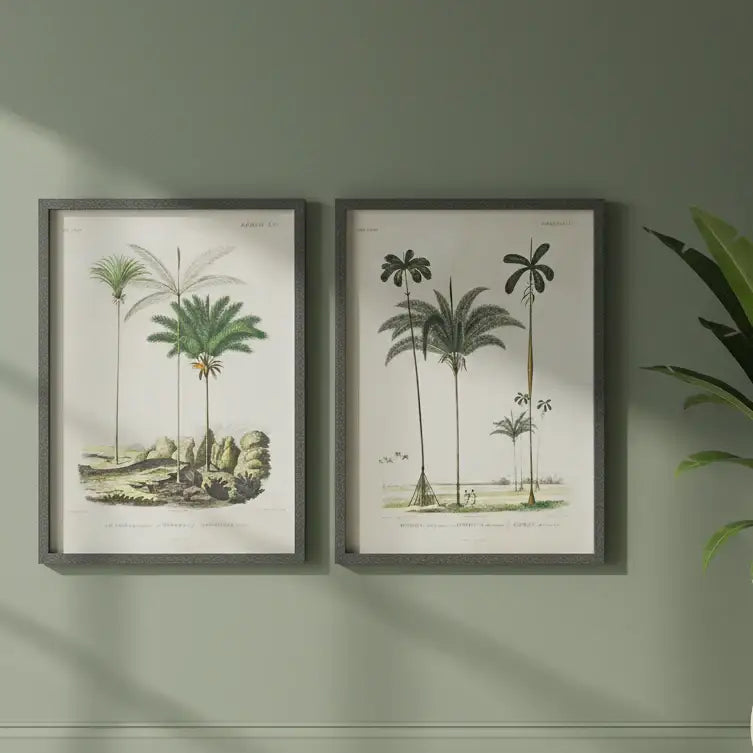 Two framed botanical prints of palm trees on a green wall.