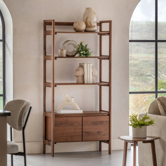 Walnut Open Display Shelf Unit with Cupboard - The Farthing