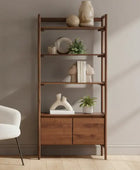 Wooden shelf with decorative items against a neutral wall