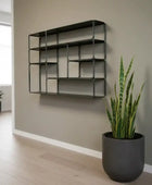 Modern wall shelf with a plant in a room with wooden flooring and a window.