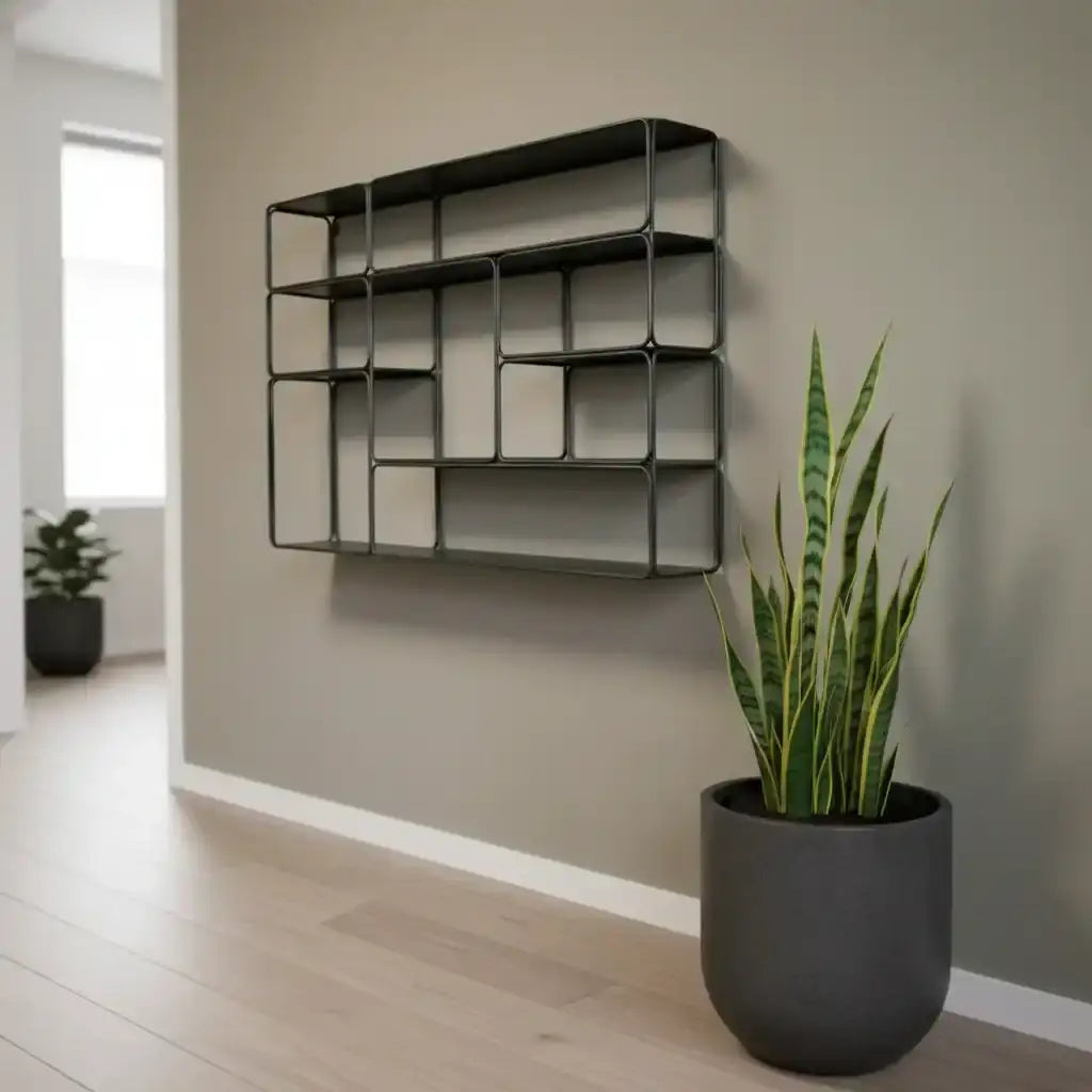 Modern wall shelf with a plant in a room with wooden flooring and a window.