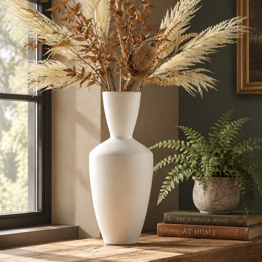 A tall matte white ceramic vase filled with dried pampas grass and brown branches, displayed on a wooden table in a styled interior next to a potted fern and books.