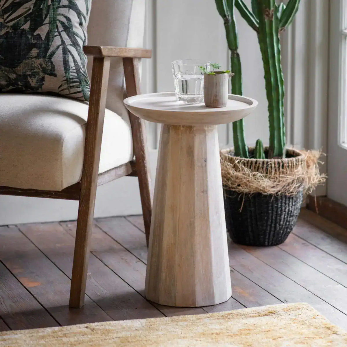 Whitewash Mango Wood Round Side Table