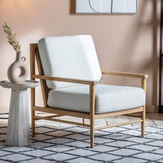 Woven Cain Backed Oak Padded Cream Armchair - The Farthing