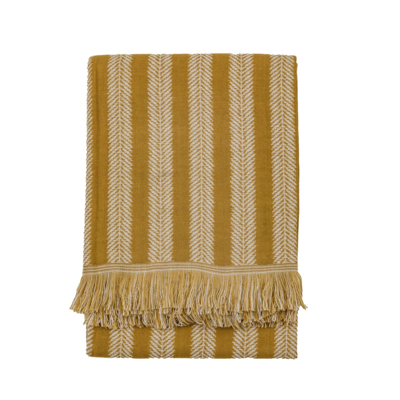 Woven Fishbone Patterned Fringed Ochre Throw - The Farthing