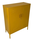 Yellow metal cabinet with two doors on a white background