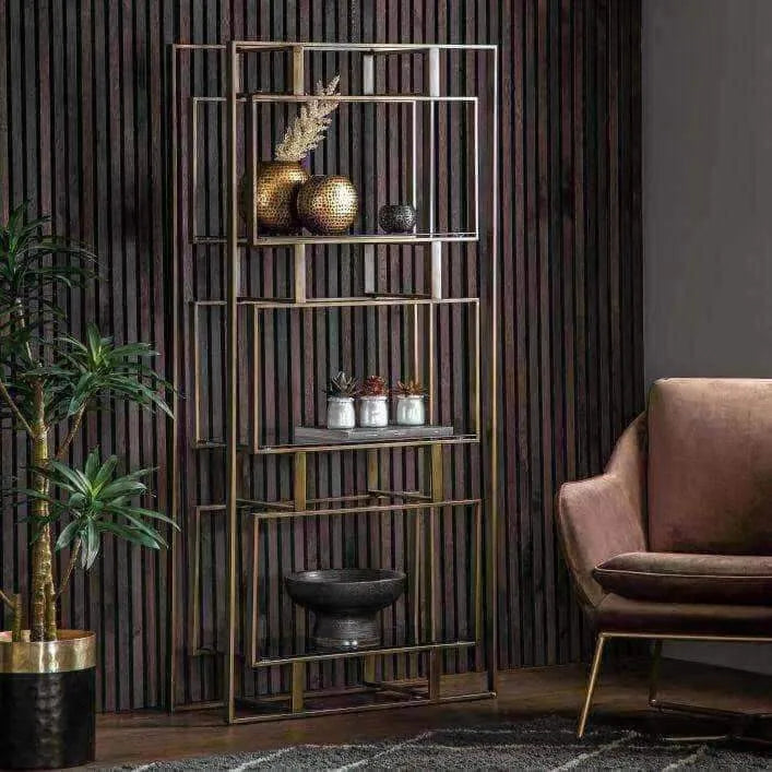Aged Bronze Geometric Metal Frame and Glass Open Display Shelf Unit - The Farthing