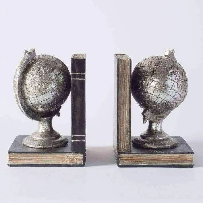 Antique Style Silver Globe Bookends - The Farthing