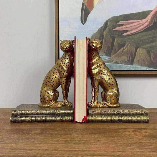 Antiqued Gold Sitting Cheetah Bookends - The Farthing