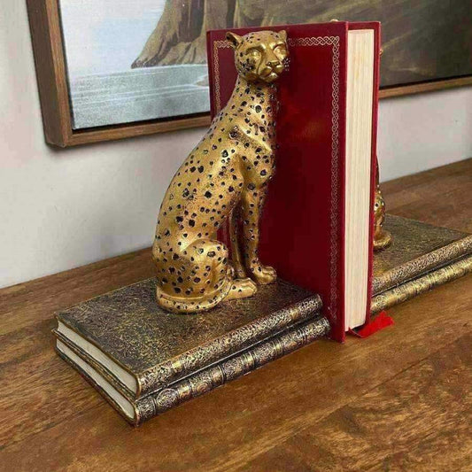 Antiqued Gold Sitting Cheetah Bookends - The Farthing