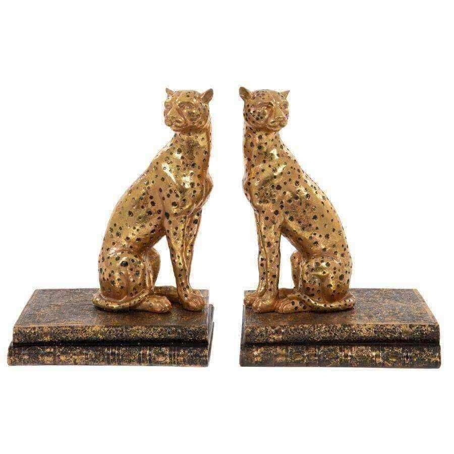 Antiqued Gold Sitting Cheetah Bookends - The Farthing