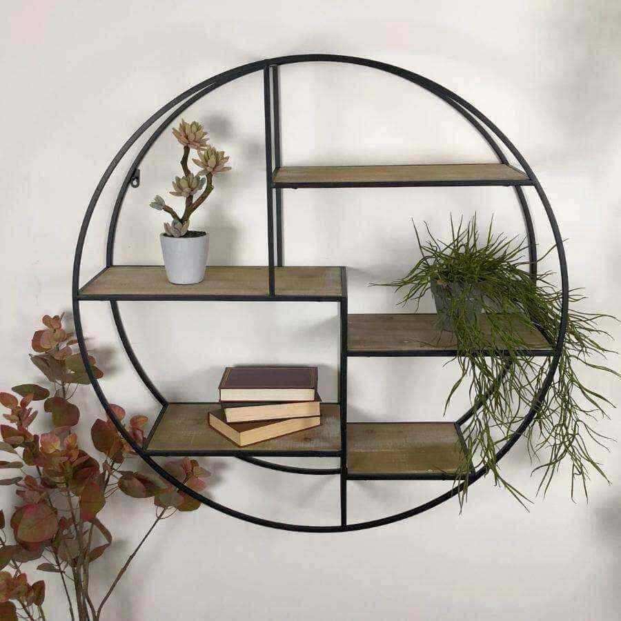 Black Metal and Wood Round Wall Shelving Unit - The Farthing