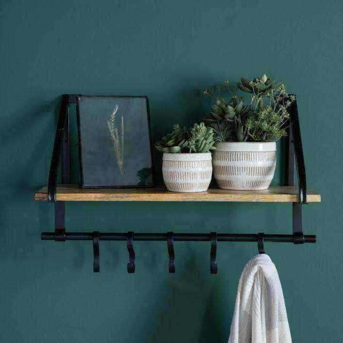 Black Metal and Wood Wall Shelf with Hooks - The Farthing