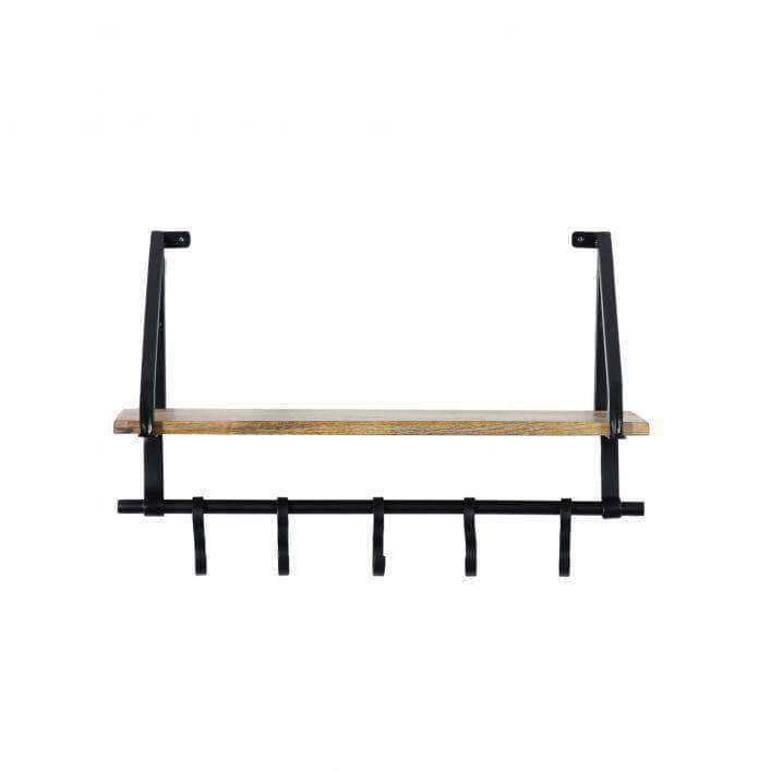 Black Metal and Wood Wall Shelf with Hooks - The Farthing