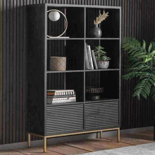 Black Rippled Wood 2 Door Open Display Shelf Unit - The Farthing