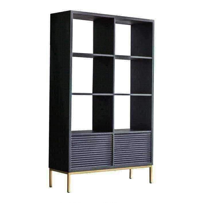 Black Rippled Wood 2 Door Open Display Shelf Unit - The Farthing