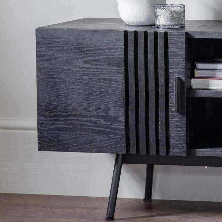 Black Slatted Wooden 2 Door Media Unit - The Farthing