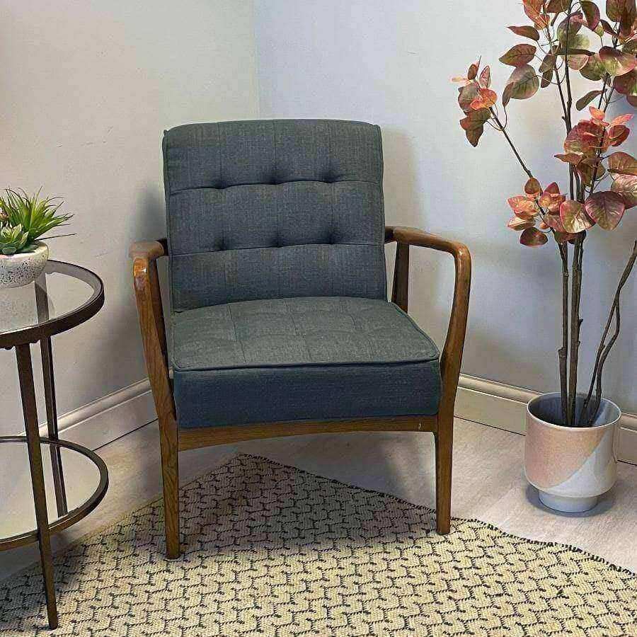 Blue Grey Linen Mid Century Inspired Arm Chair - The Farthing