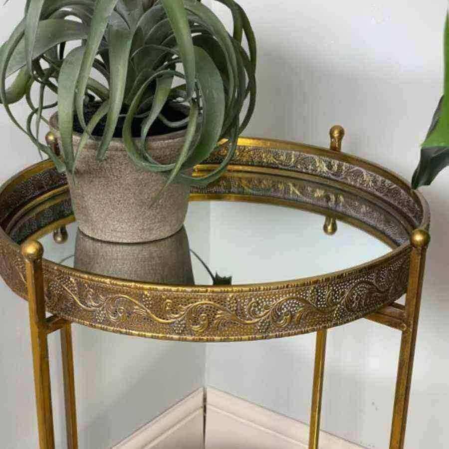 Burnished Gold Mirrored Filigree Side Table - The Farthing