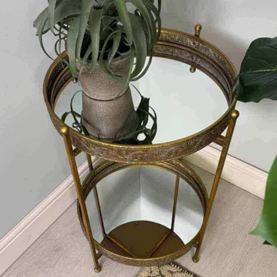 Burnished Gold Mirrored Filigree Side Table - The Farthing