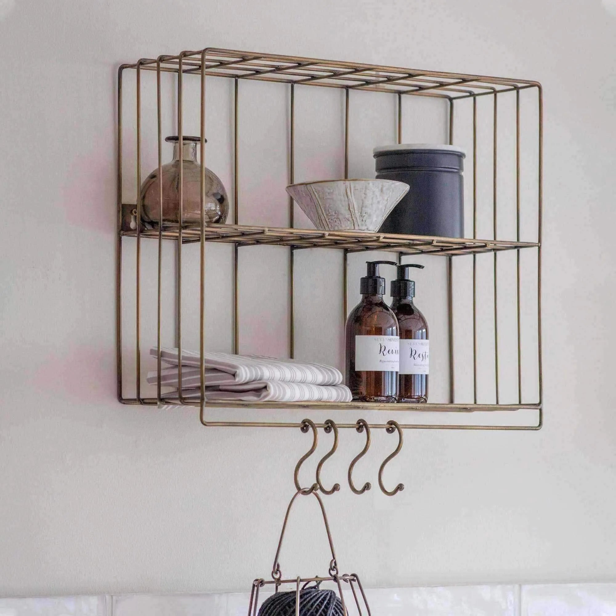 Burnished Gold Wirework Wall Storage Unit with Hooks - The Farthing