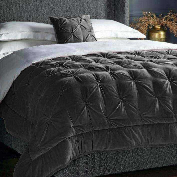 Dark Charcoal Opulent Pinched Velvet and Linen Bedspread - The Farthing