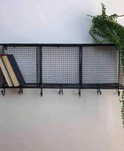Distressed Black Metal Wirework Wall Shelf with Hooks - The Farthing