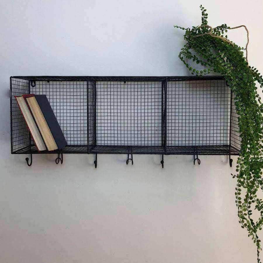 Distressed Black Metal Wirework Wall Shelf with Hooks - The Farthing