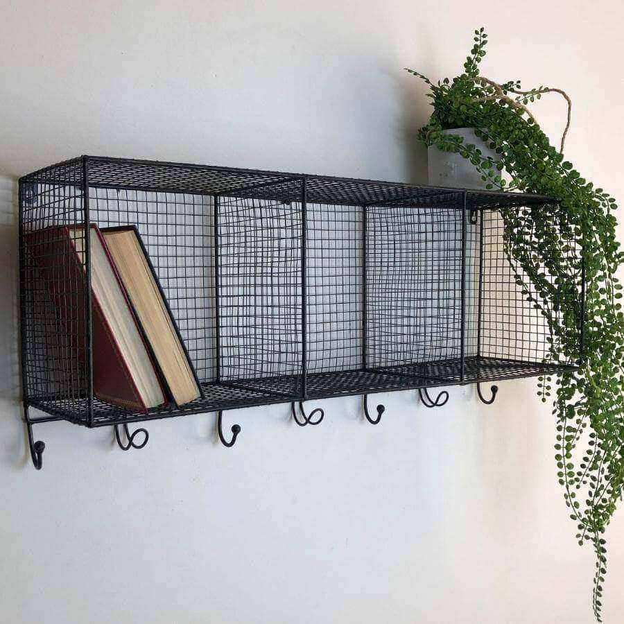 Distressed Black Metal Wirework Wall Shelf with Hooks - The Farthing