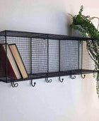 Distressed Black Metal Wirework Wall Shelf with Hooks - The Farthing