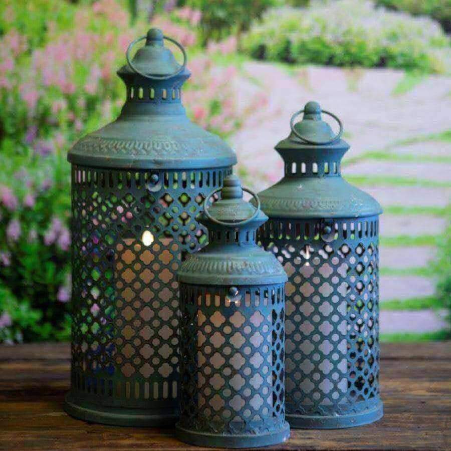 Distressed Blue Metal Madeira Lantern - set of 3 - The Farthing