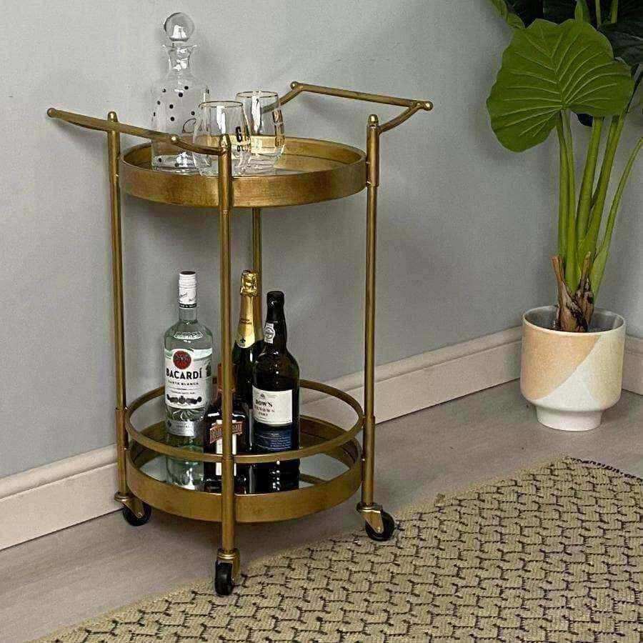 Distressed Gold Round Drinks Trolley - The Farthing
