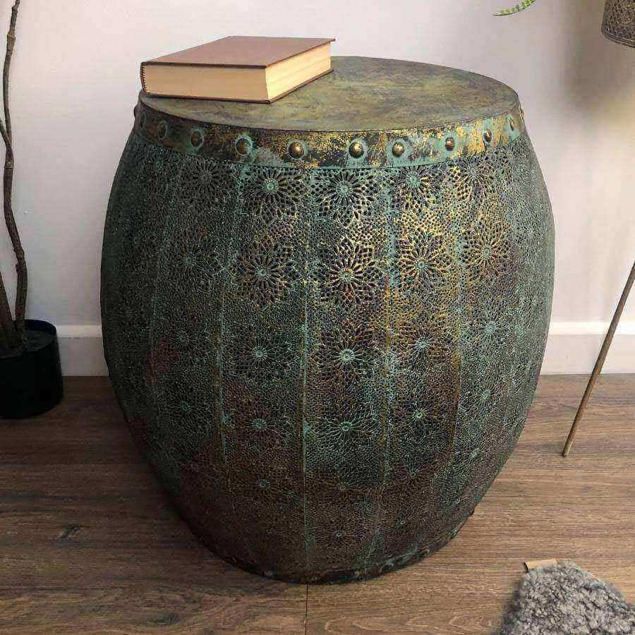 Distressed Metal Mesh Drum Side Table - The Farthing