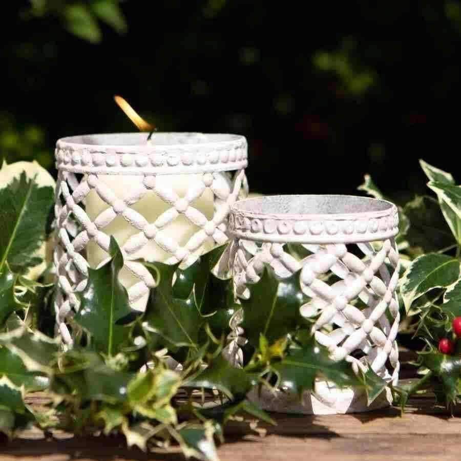 Distressed White Lattice Candle Holder Set - The Farthing