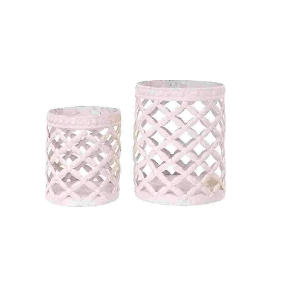 Distressed White Lattice Candle Holder Set - The Farthing