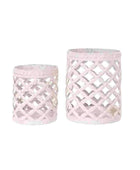 Distressed White Lattice Candle Holder Set - The Farthing