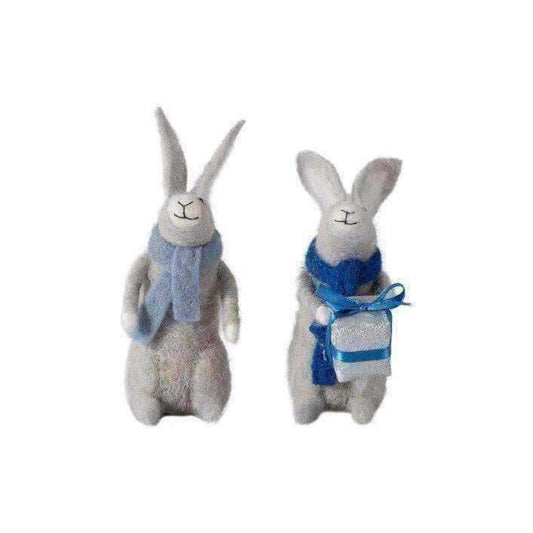 Festive Wool Hares with Charming Blue Scarves Set of 2 - The Farthing