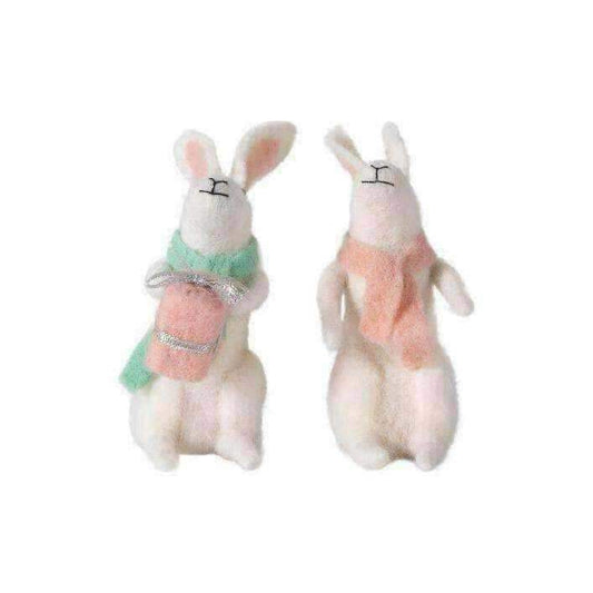 Festive Wool Hares with Charming Peach Green Scarves Set of 2 - The Farthing